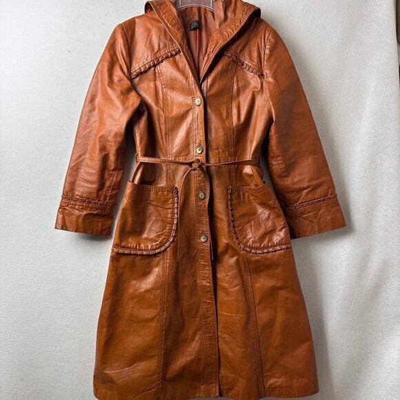 Vtg 70's Leather trench‎ coat hooded camel brown lined steampunk cosplay hippy - Picture 1 of 9
